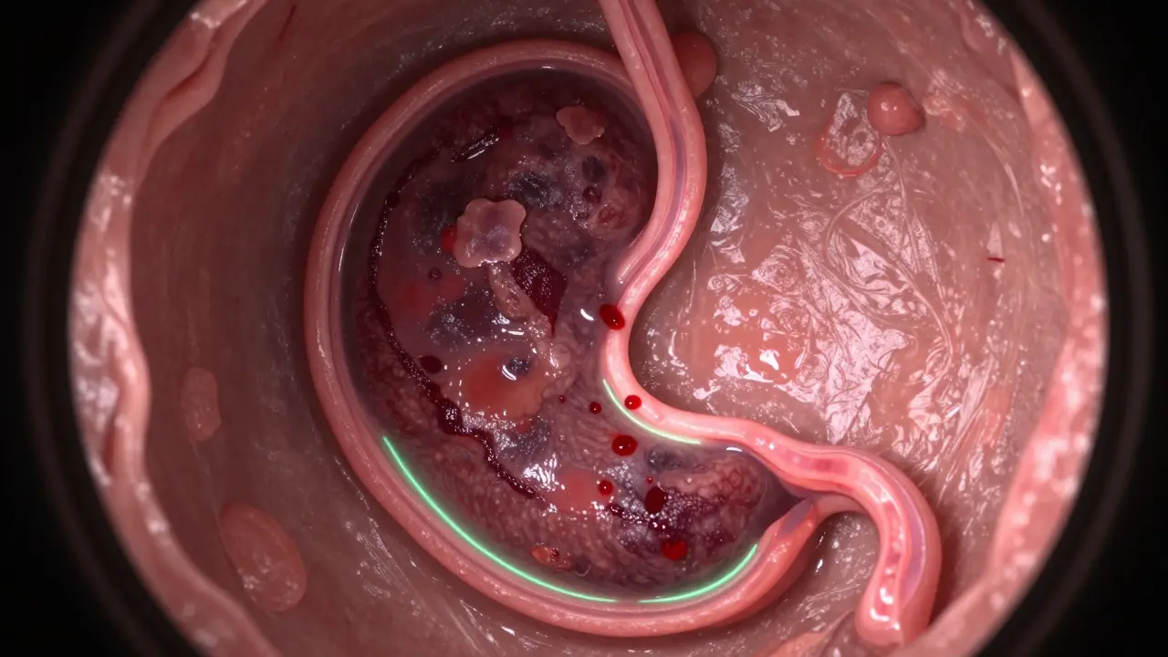 Kamera gastroskopu zobrazuje zdravou sliznici přecházející v nádor s krvácením.