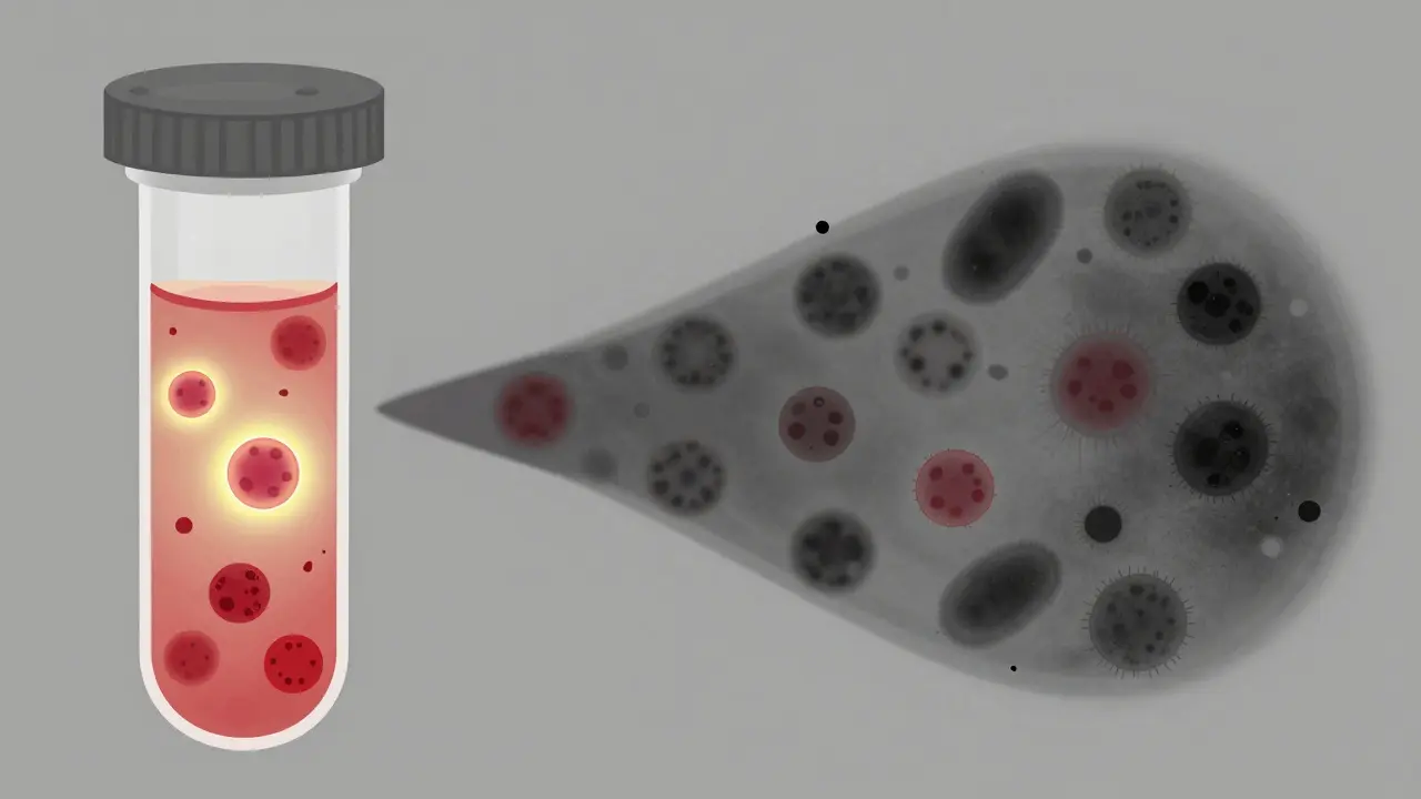 Konceptuální znázornění rozkladu vzorku stolice: čerstvý vzorek vlevo a rozložený vpravo po 48 hodinách.