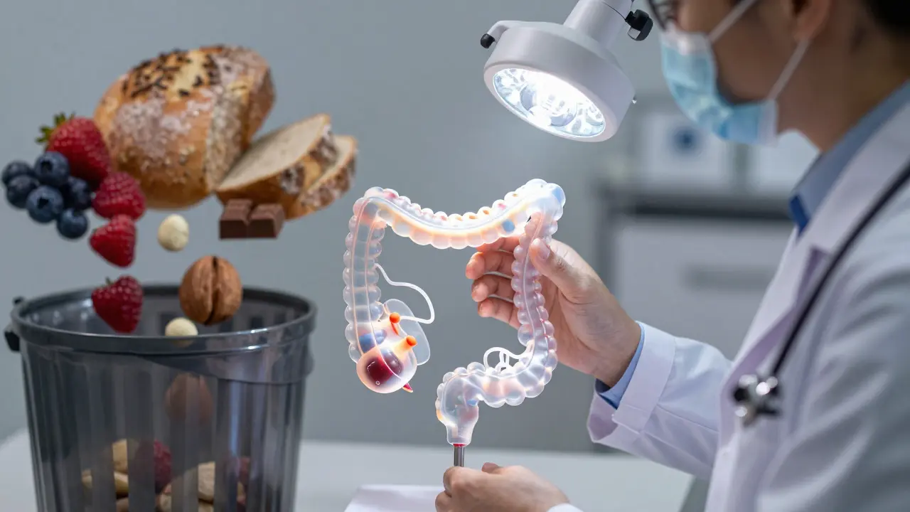 Lékař prohlíží čisté střevo, zatímco zakázané potraviny jsou odstraněny.