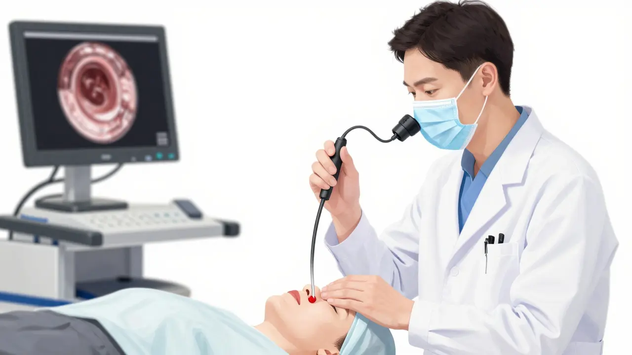 Lékař provádí rektoskopii s trubicí a monitorovacím obrazem
