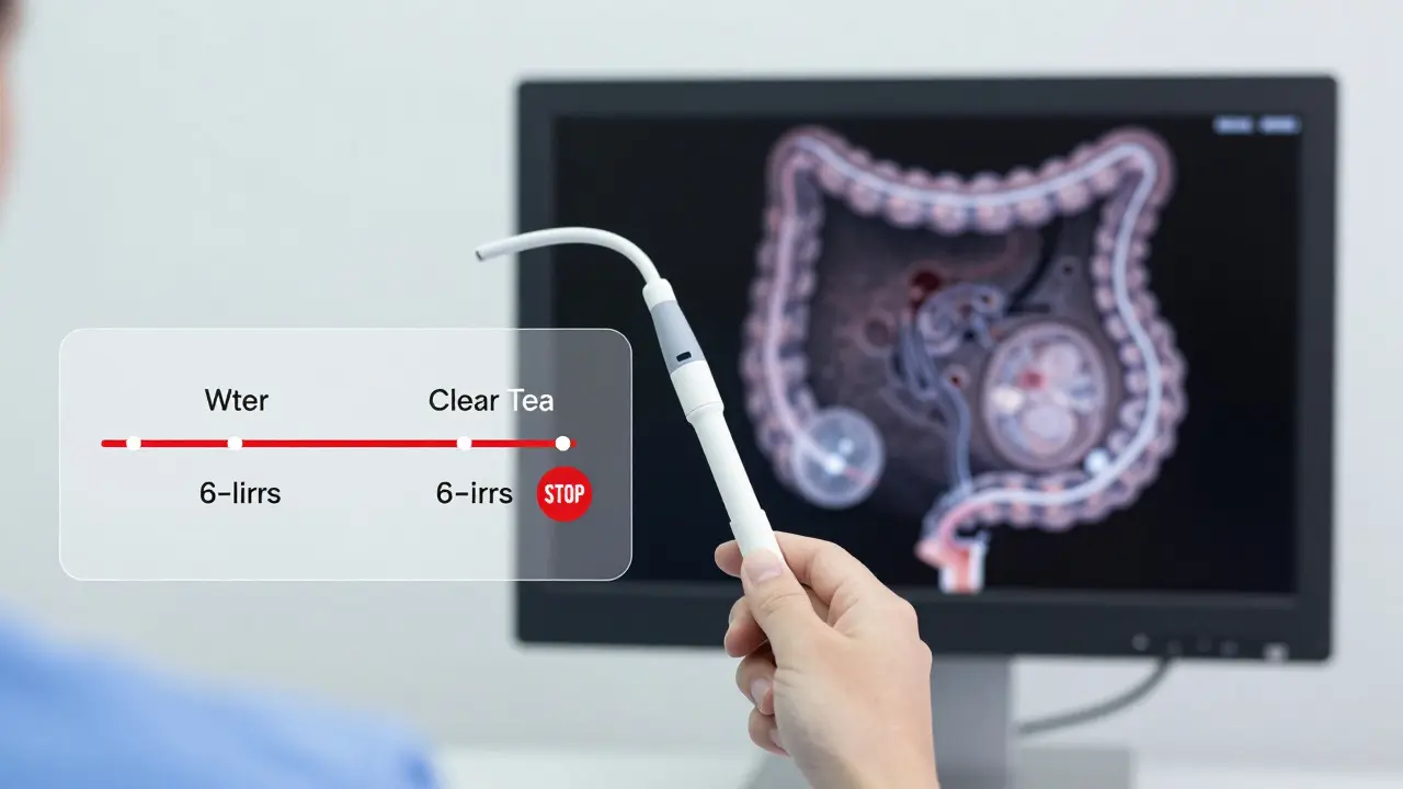 Lékař sleduje čisté střevo na monitoru s časovou osou přípravy.