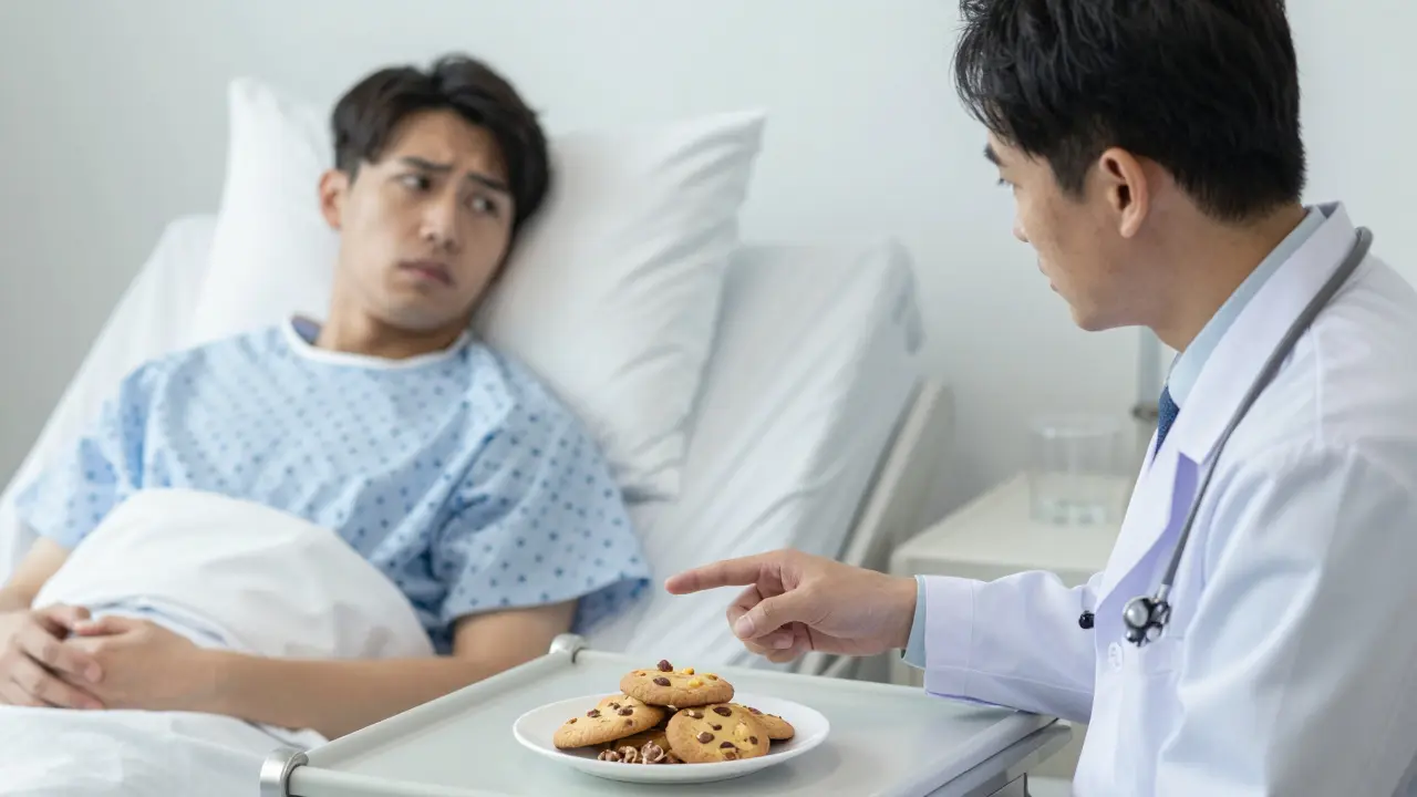 Lékař upozorňuje pacienta na jídlo před gastroskopii.