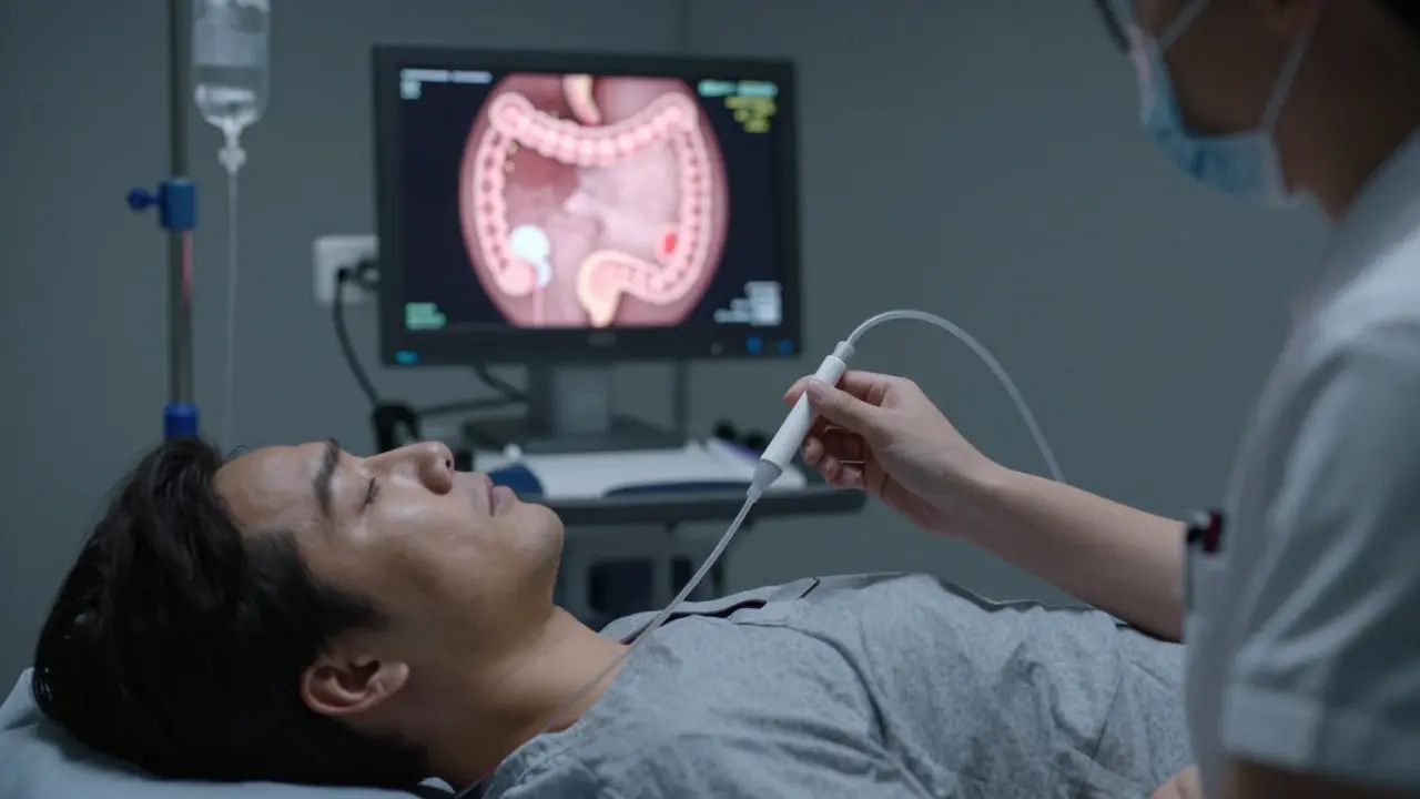 Lékař vkládá fibroskop do pacienta, monitor zobrazuje vnitřek tlustého střeva.