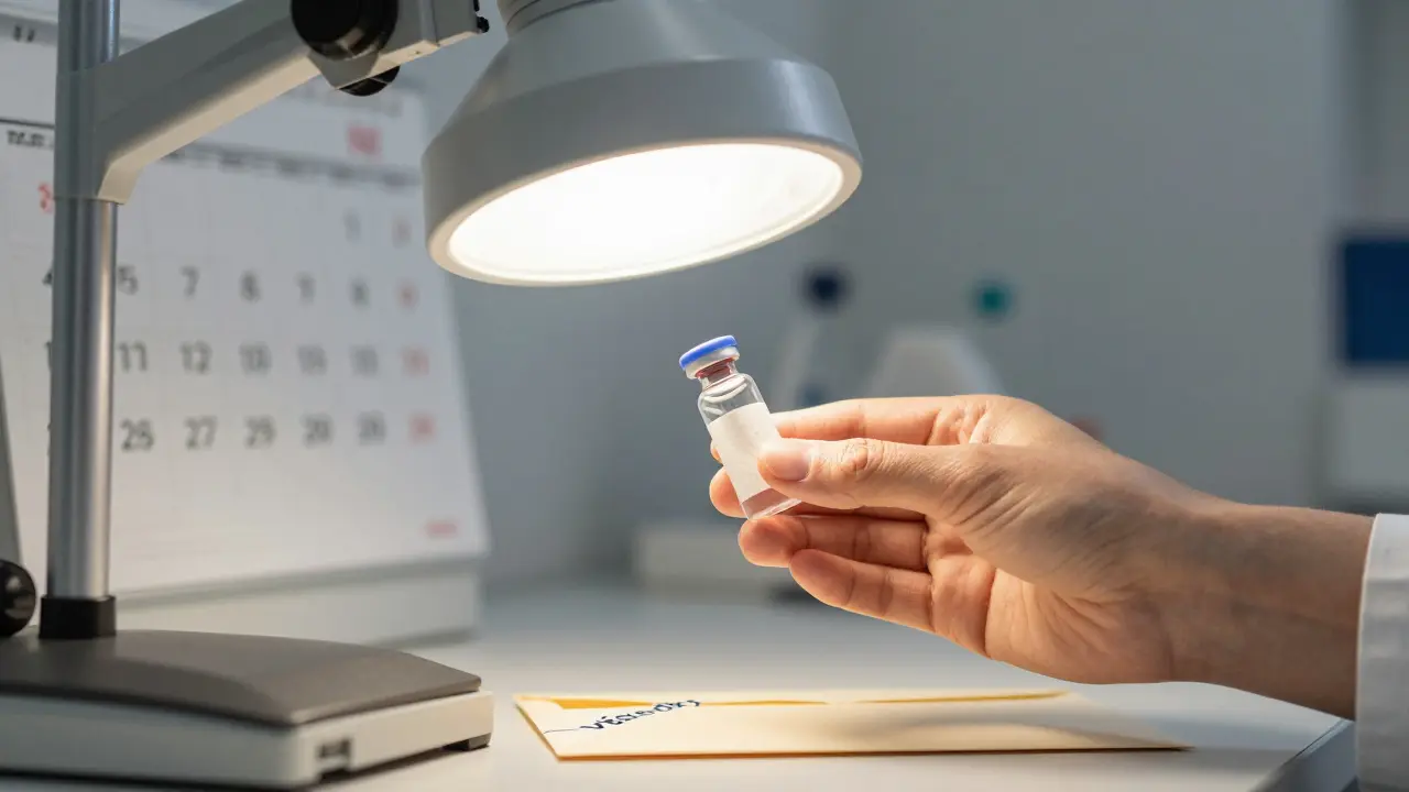 Malý vzorek tkáně ve skleněné lahvičce s kalendářem označujícím čekání na výsledky.