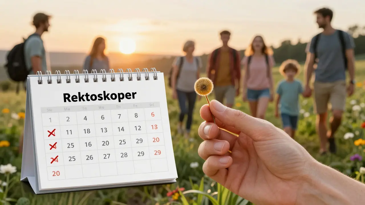 Odstraněný polyp vedle kalendáře s pozadím lidí žijících plným životem.