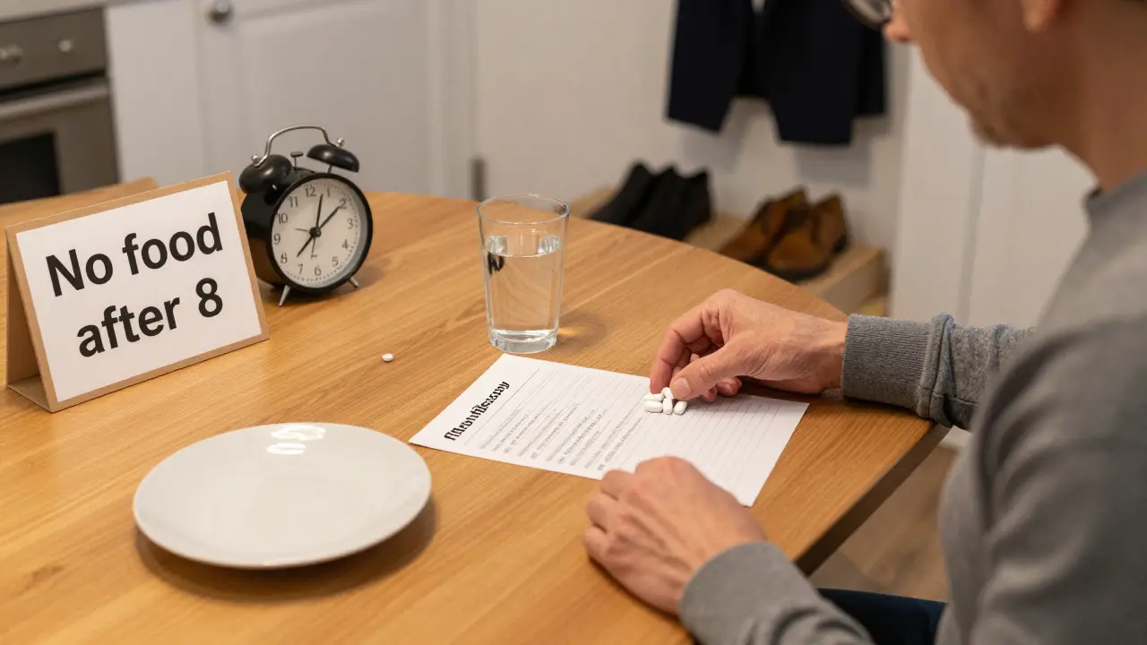 Osoba připravuje léky a plánuje den před fibroskopií na kuchyňském stole s prázdným talířem.