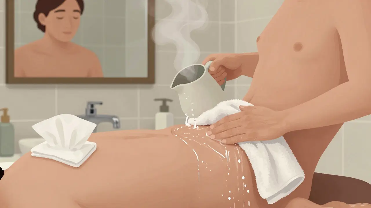 Osoba si umývá oblast konečníku teplou vodou po rektoskopii.