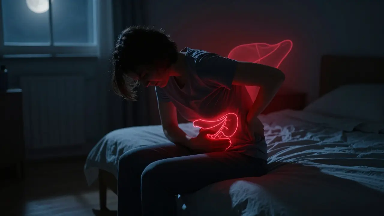 Osoba trpící bolestí v zádech v noci, s potlačenou bolestí a neviditelným nádorem v břiše.