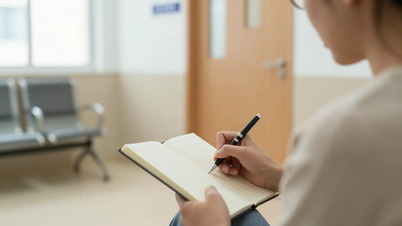 Osoba zapisuje změny stolice do deníku v čekárně