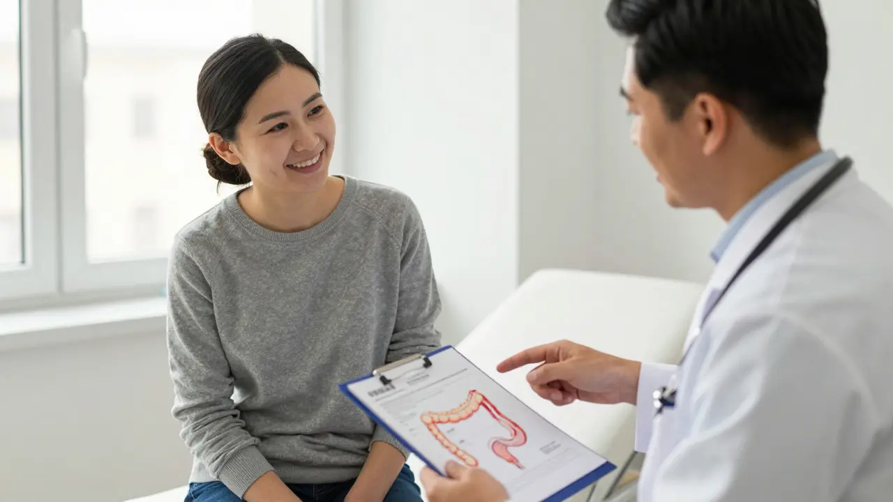 Pacient a lékař se rozprávějí po vyšetření, pacient vypadá uklidněně a drží výpis.