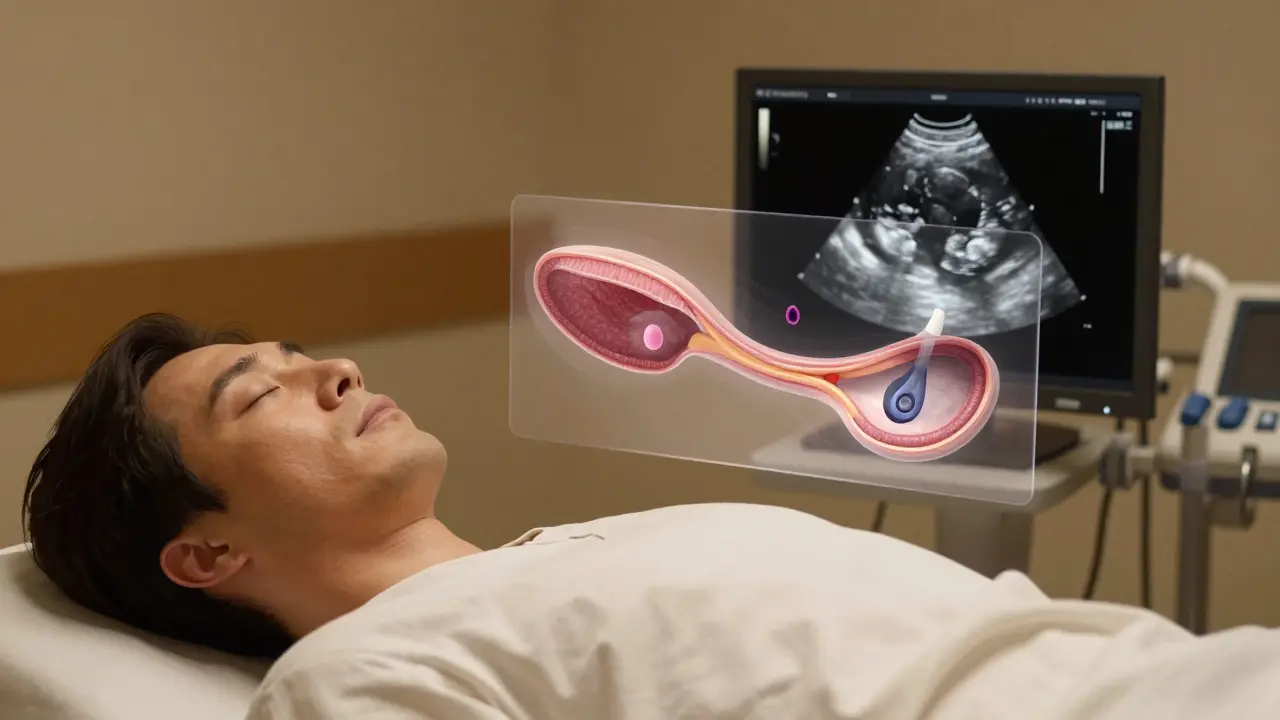 Pacient během endoskopické ultrasonografie s přehledem ultrazvukového obrazu slinivky břišní.