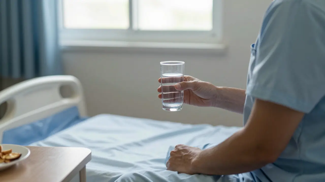 Pacient pije vodu před vyšetřením v klidné nemocniční místnosti.