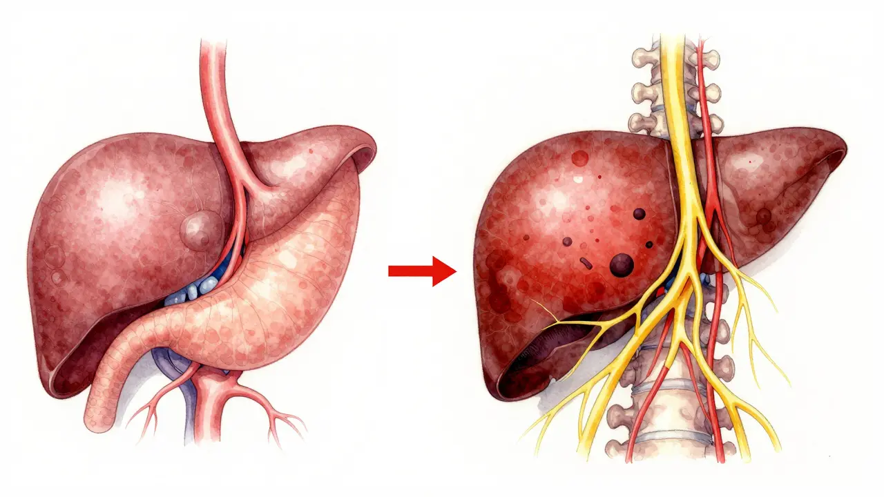 Porovnání zdravé a postižené slinivky s označením šíření nádoru a bolesti do zad.