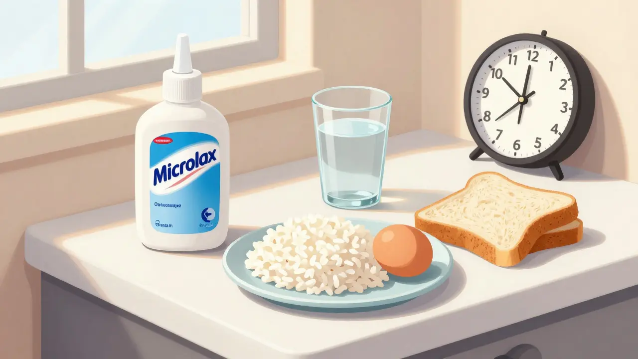 Příprava na rektoskopii: klystýr, voda a lehká jídla na stole.