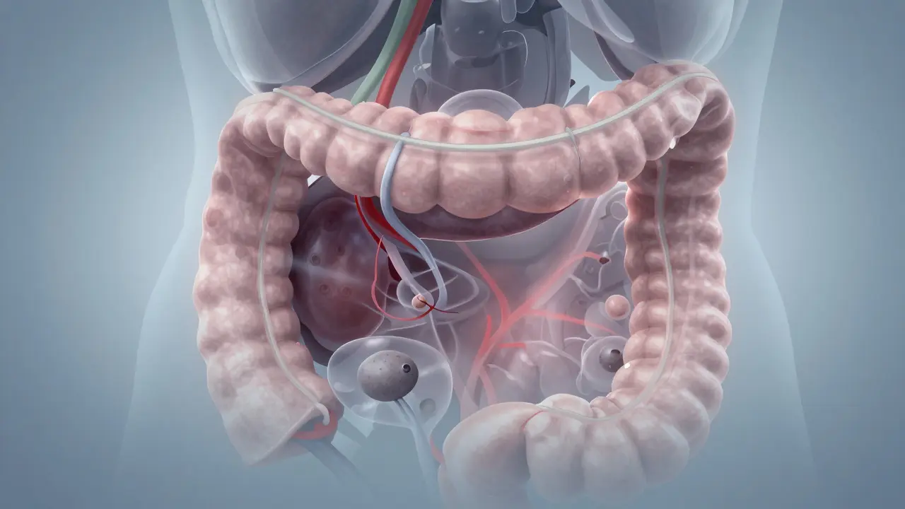 Průřez břišní oblastí ukazující, jak nádor slinivky tlačí na dvanáctník a způsobuje změny sliznice.