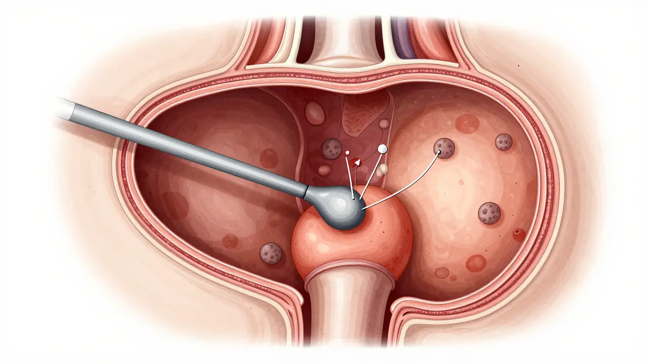 Průřez dolní části trávicího traktu s vloženým rektoskopem a zvýrazněnými polypy v rektu.