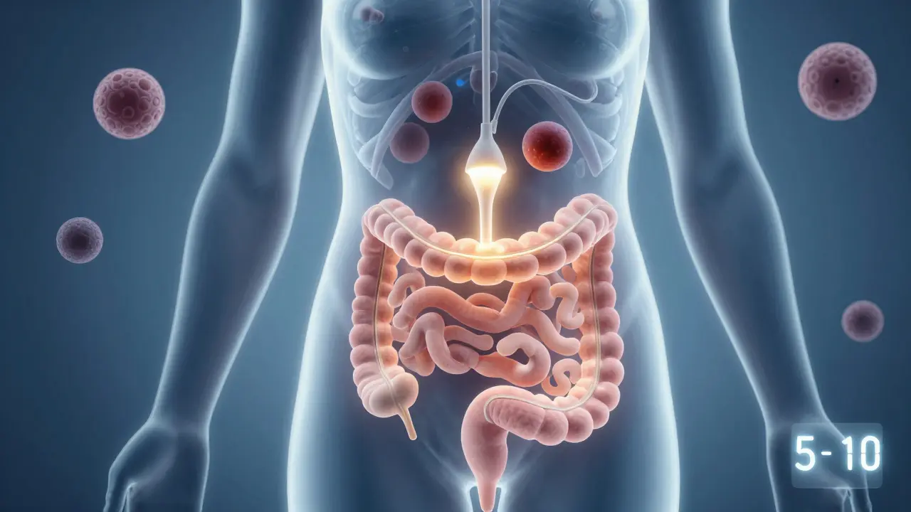 Průřez lidského těla s osvětlenou rektoskopickou sondou a symbolickými znaky polypů a hemoroidů.