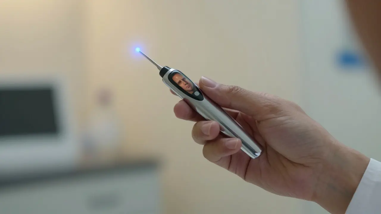 Ruka drží tenký světelný přístroj při rektoskopii, v pozadí jemně rozmazaná klinika.