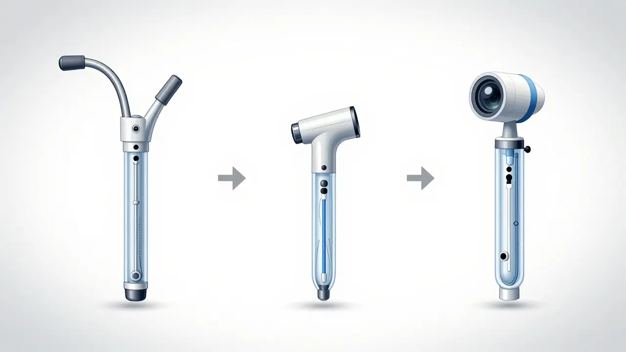 Srovnání délek endoskopických hadic: kolonoskop, rektoskop a dětský endoskop.