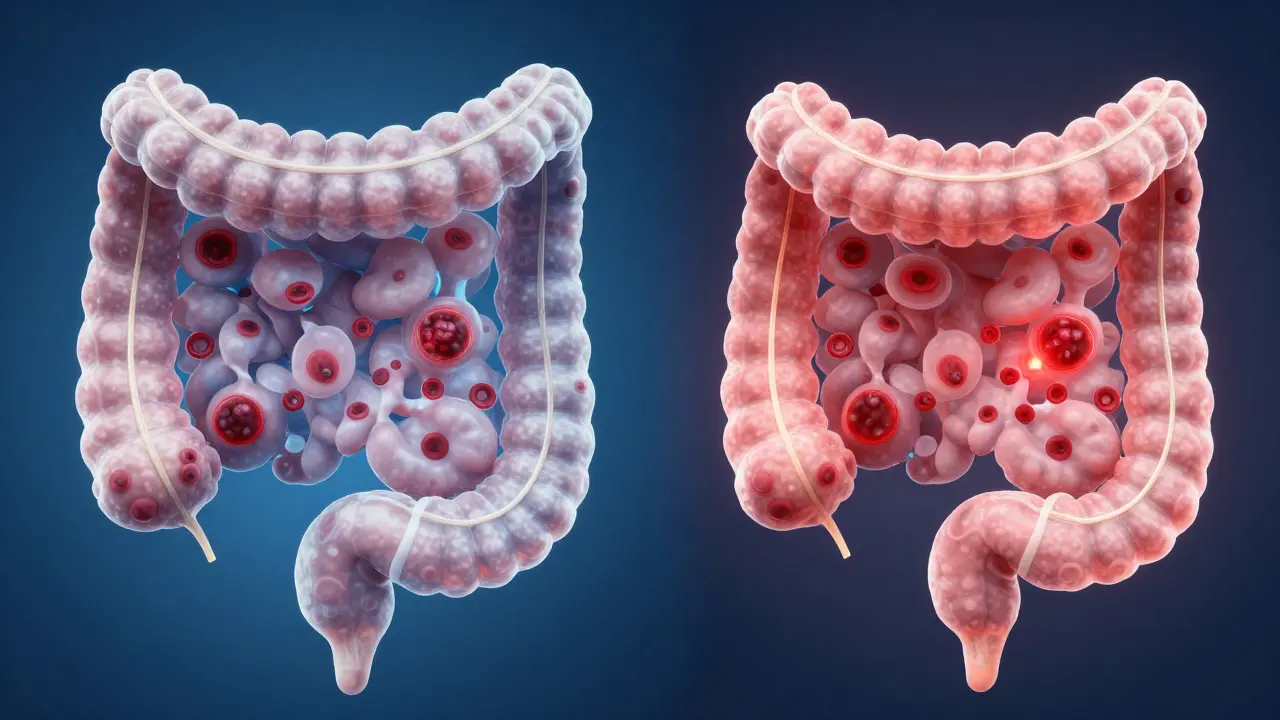 Srovnání zdravého a postiženého tlustého střeva s ukázkou skrytého krvácení a polypů.