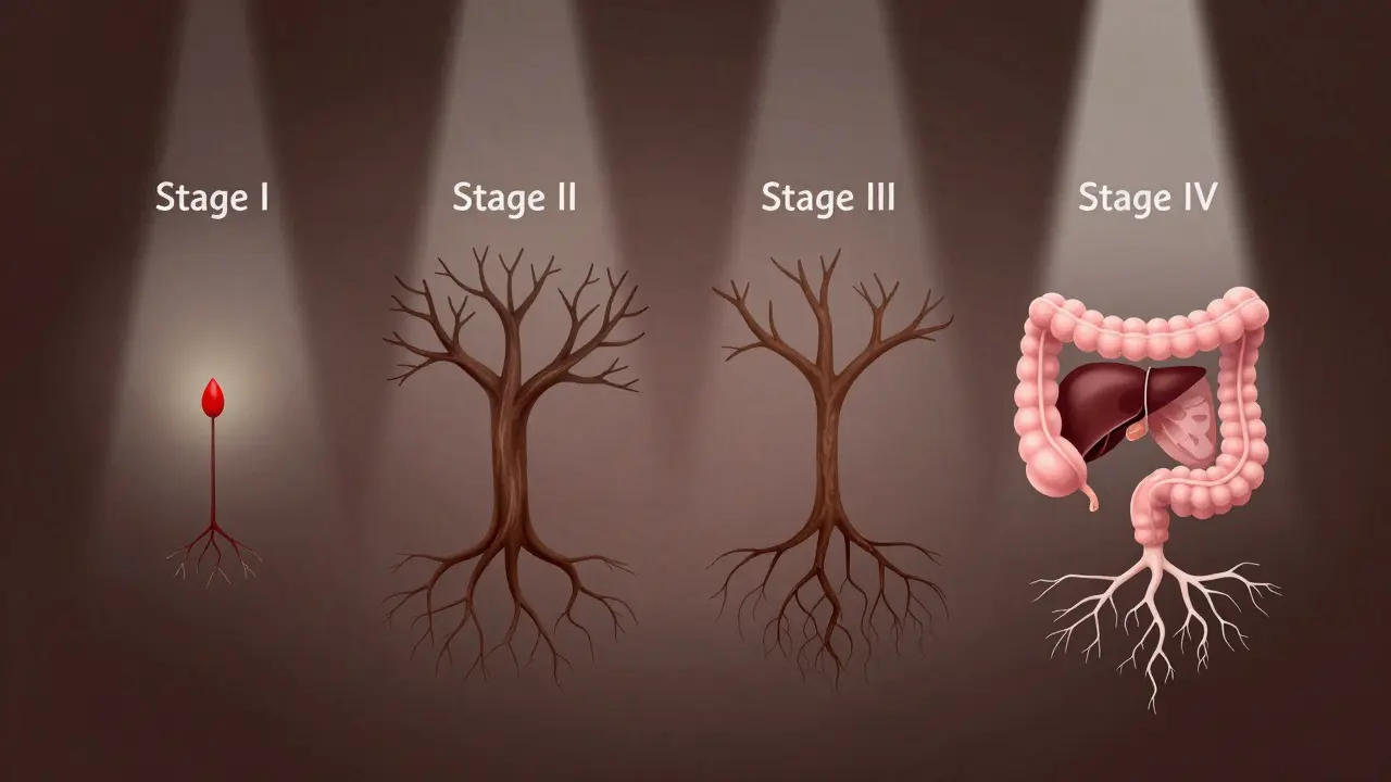 Symbolická ilustrace čtyř stádií rakoviny tlustého střeva jako stromu s kořeny a větvemi.