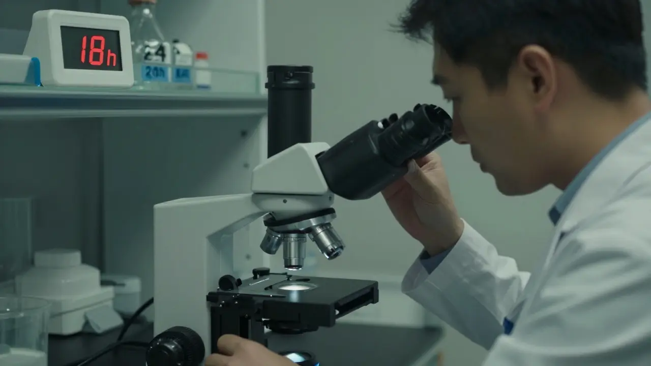 Technik v laboratoři prozkoumává vzorek stolice pod mikroskopem, na pozadí časovač ukazující 18 hodin.
