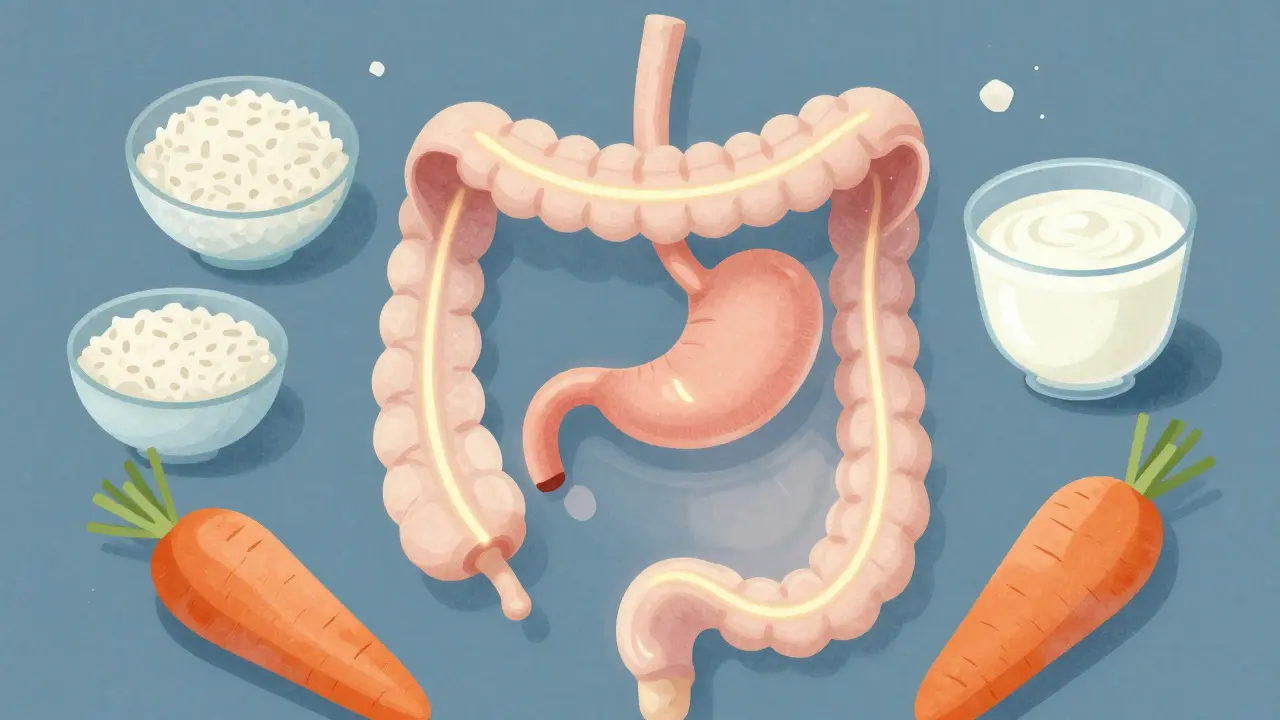 Upravený vnitřní obraz trávicího traktu s významnými symboly bezpečných potravin v klidných odstínech.