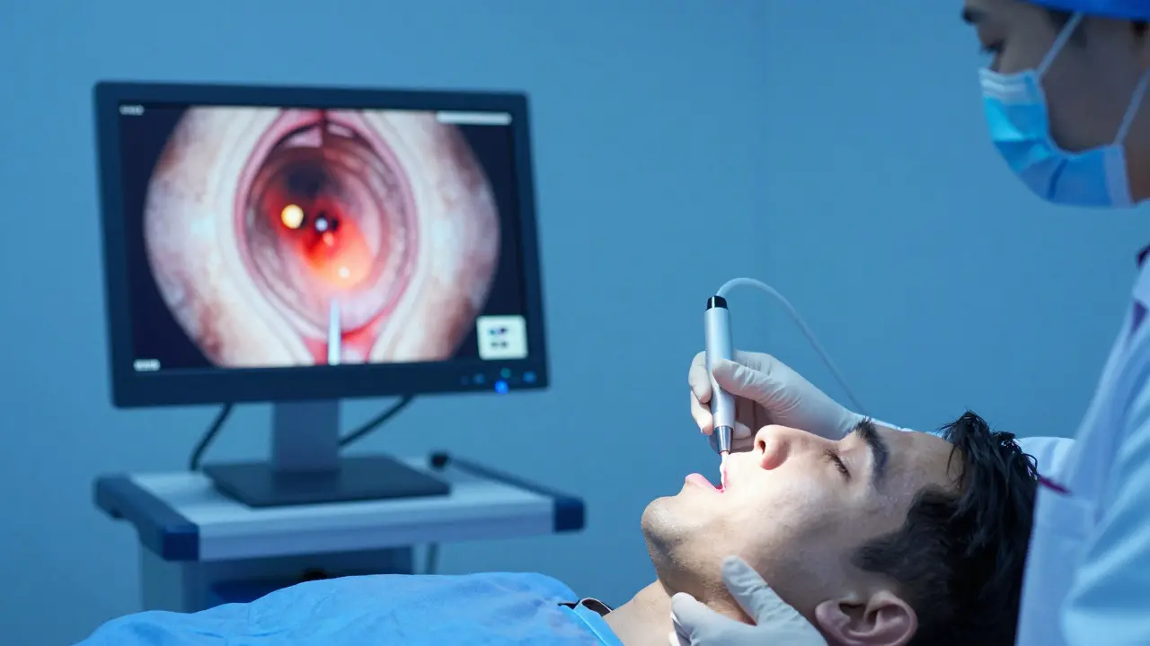 Endoskopie jícnu – lékař provádí vyšetření s monitorováním stavu sliznice.