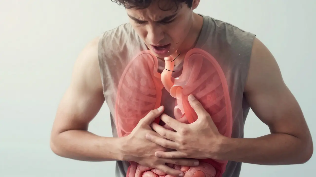 Osoba trpící příznaky refluksu jícnu: spalování, potíže s polykáním a kašel.