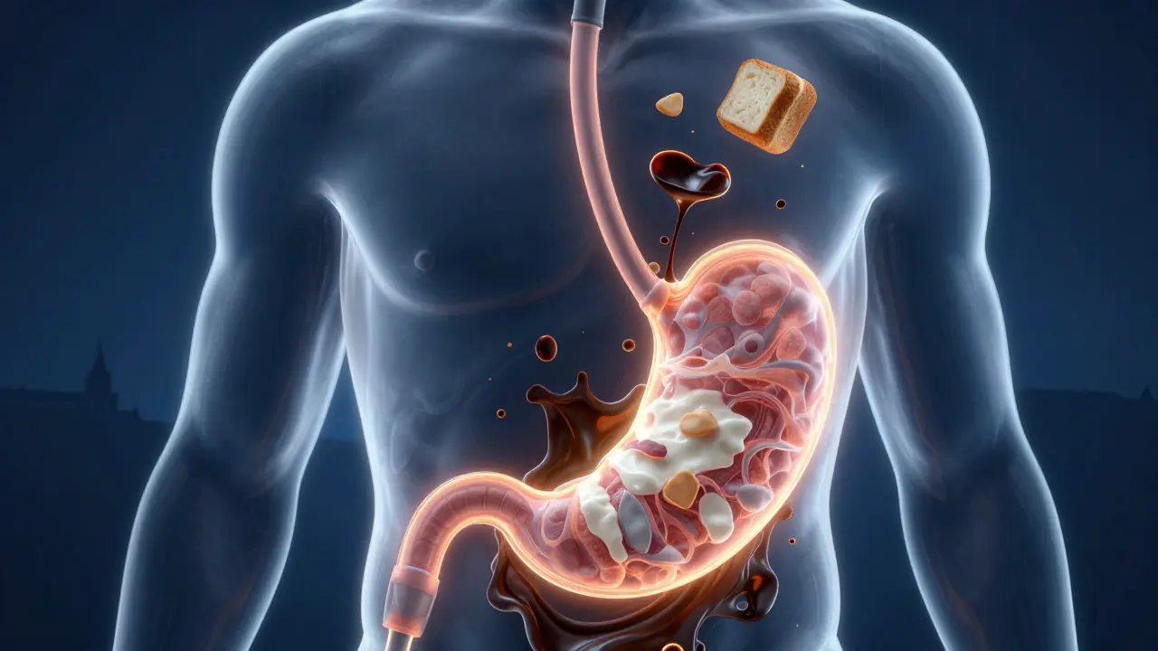 Průhledné tělo s endoskopem v čistém žaludku, zatímco zbytky jídla se rozpouštějí.