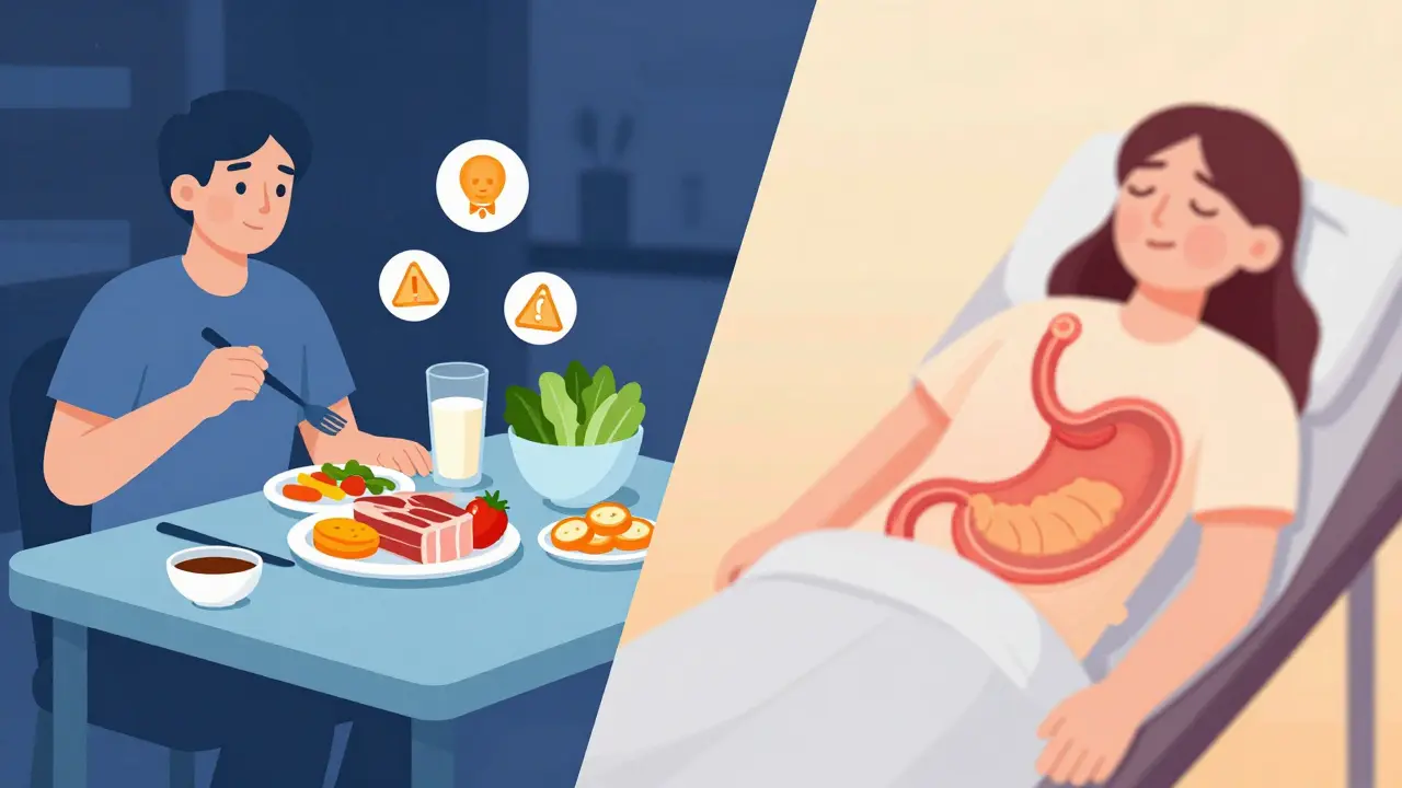 Srovnání nevhodného jídla večer a zakázaných zbytků v žaludku při vyšetření.