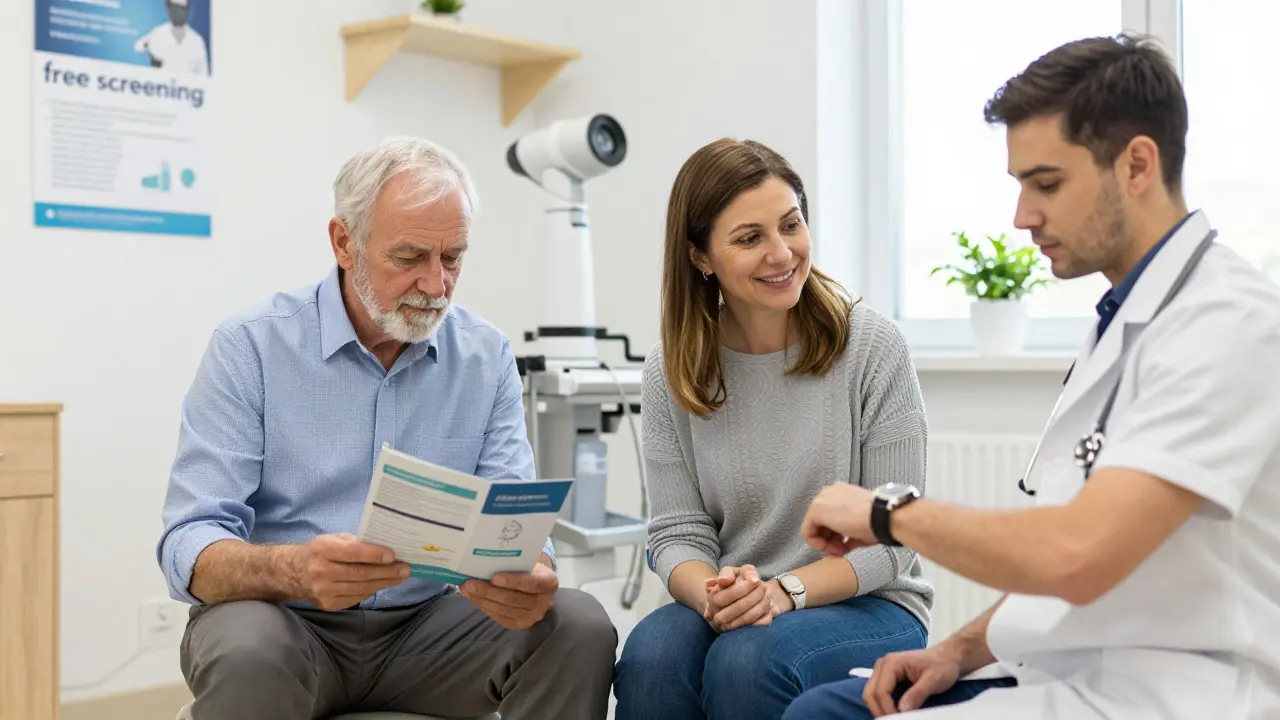 Tři různé pacienti v čekárně kliniky, symbolizující přístupnost a prevenci rakoviny tlustého střeva.