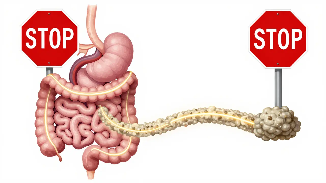 Zjednodušený obraz trávicího traktu, kde bezpečné potraviny proudí klidně, zatímco nebezpečné jsou zakázané červenými značkami.